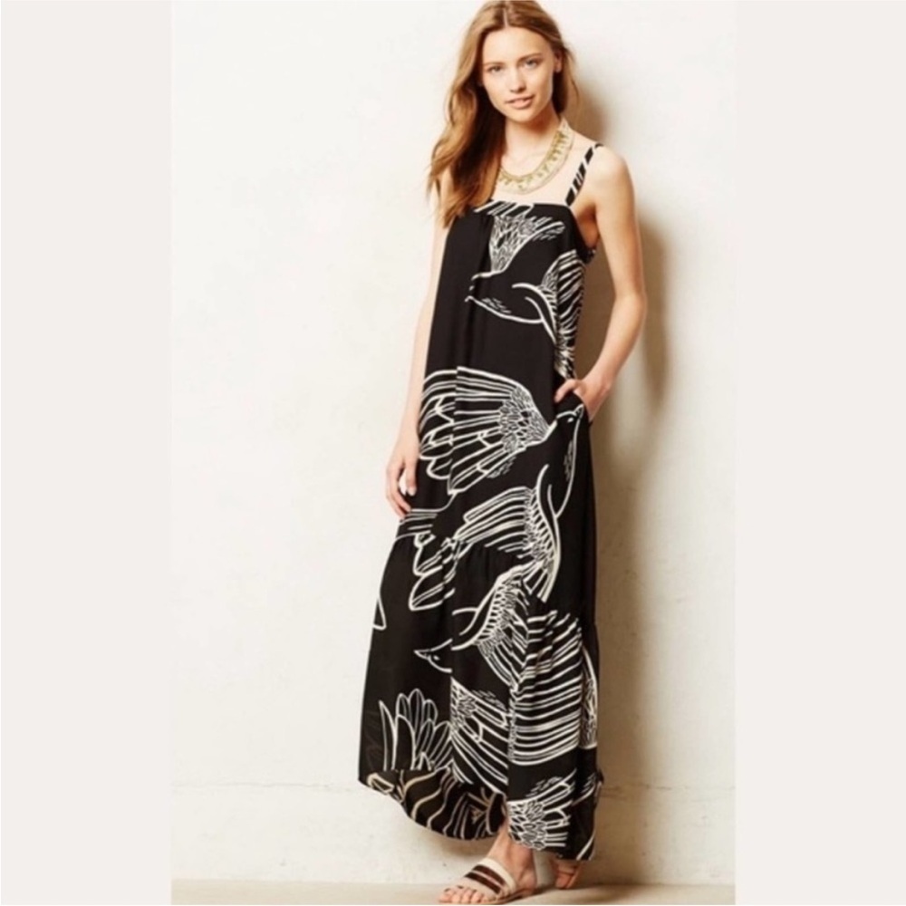 Vanessa Virginia Anthropologie Oiseau Bird Print Maxi Dress wedding guest